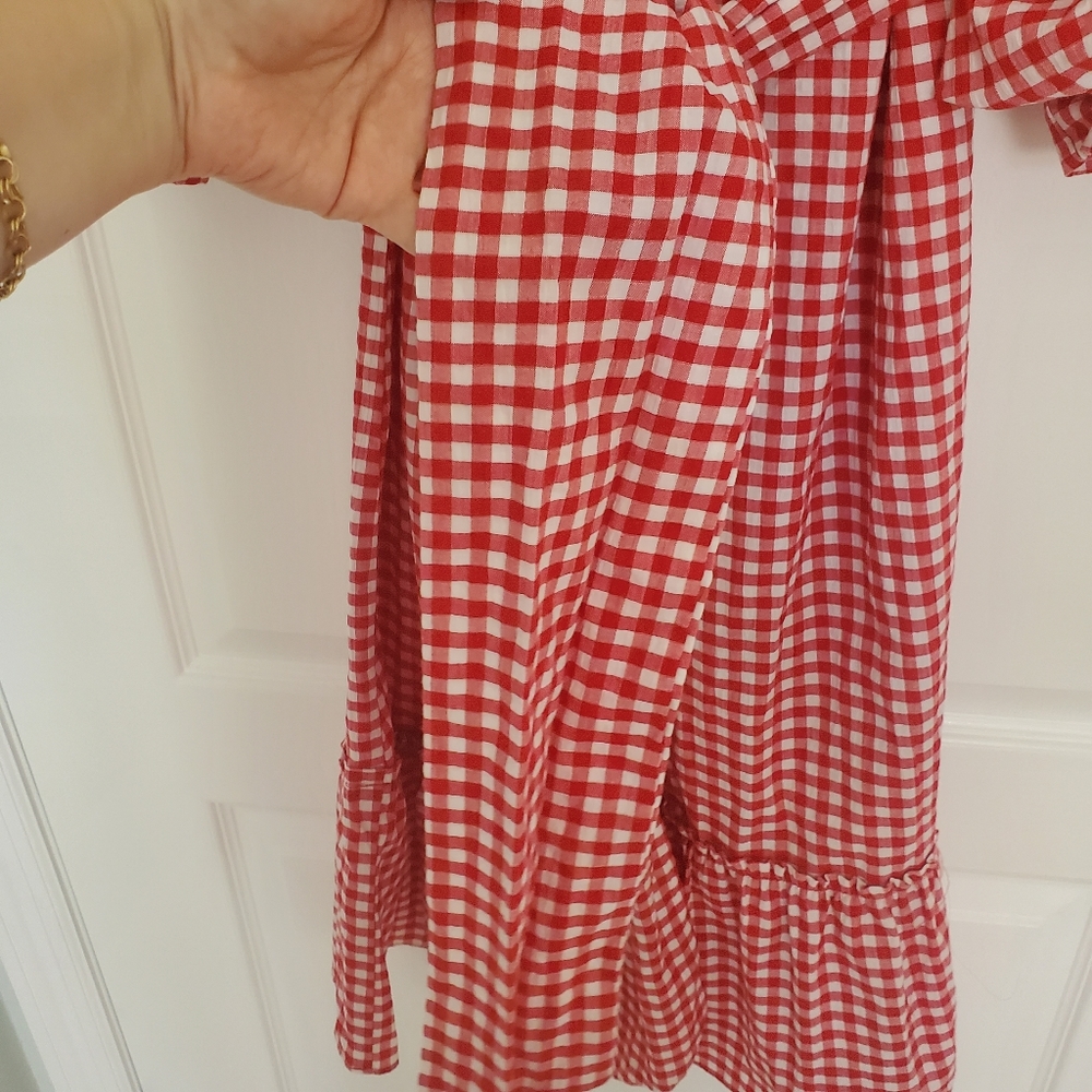 Red Gingham Dramatic Puff Pick Up Sleeves Ruffle Bottom Off Shoulder Dress S - Picture 7 of 15